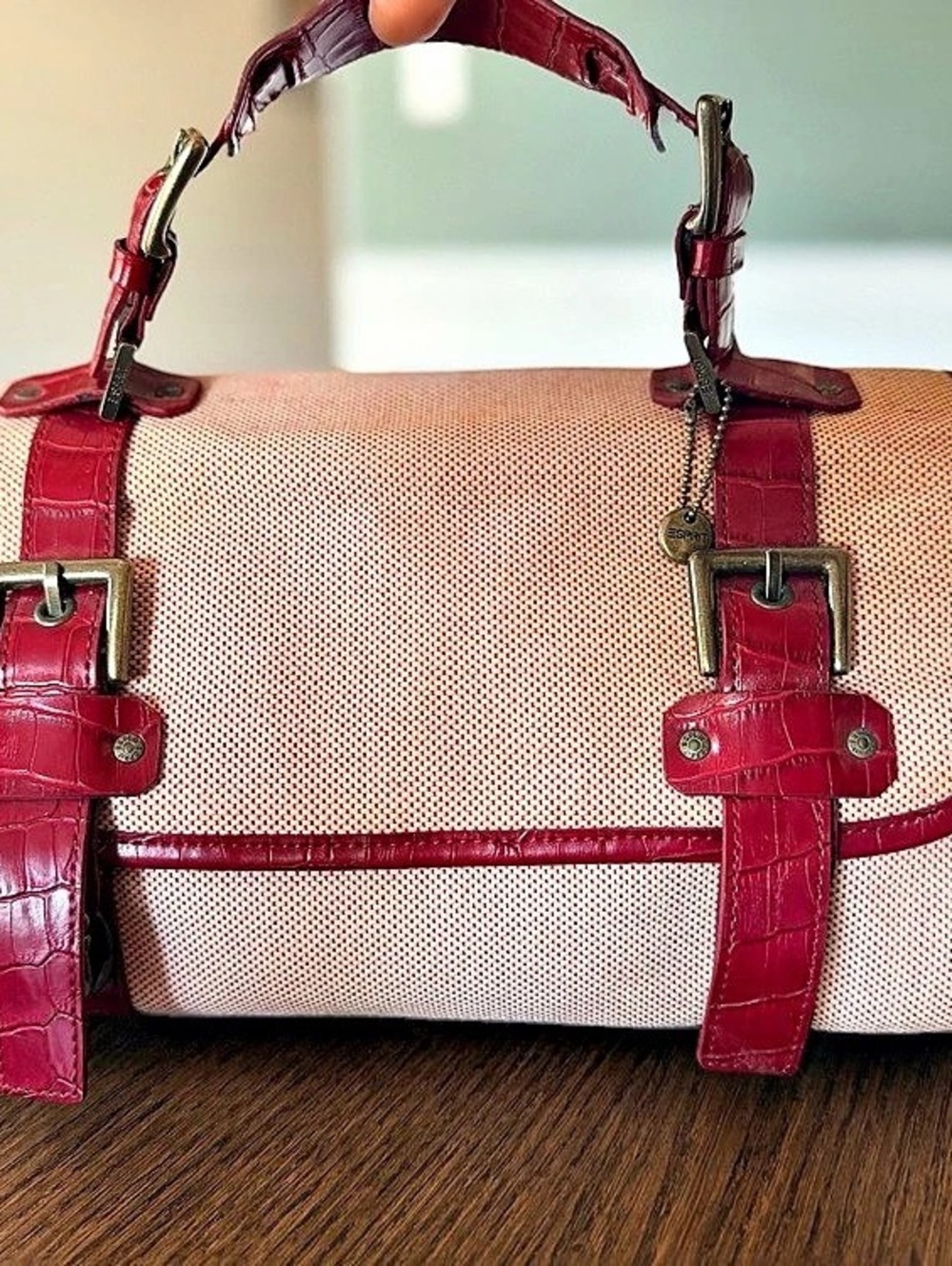 Vintage Esprit Paris Satchel Handbag Y2K Red Croc Embossed Cream Top Handle